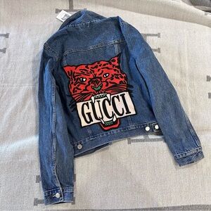 NWT Upcycled “Gucci” embroidered tiger patch denim jacket S